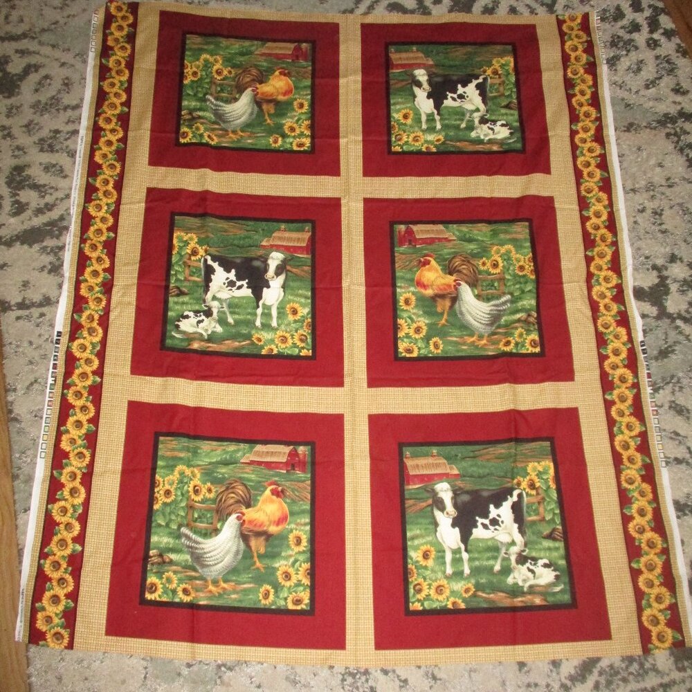 Vintage Farm Cows & Chickens ” 100% Cotton Pillow 6 squares  - Sunflowers